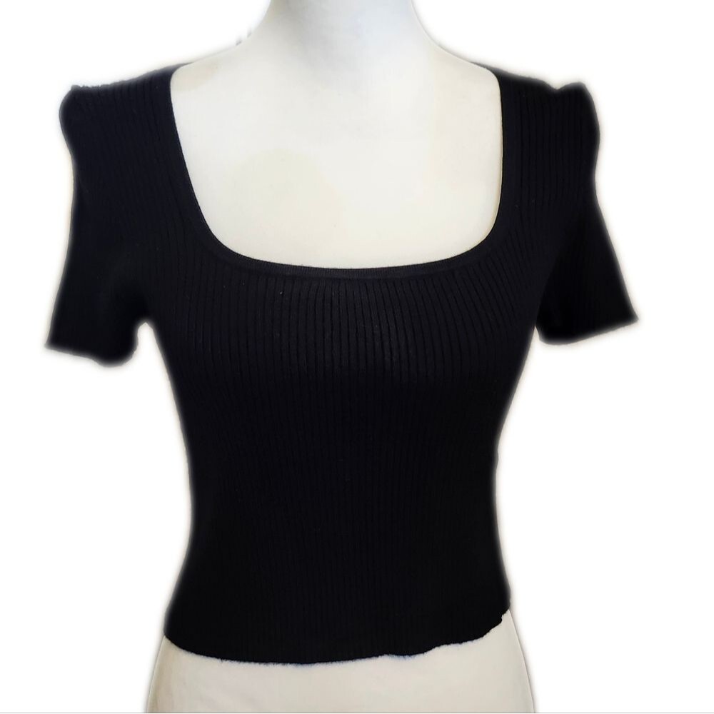 Madewell Ribbed Cropped Short Sleeved Black Sweater, M